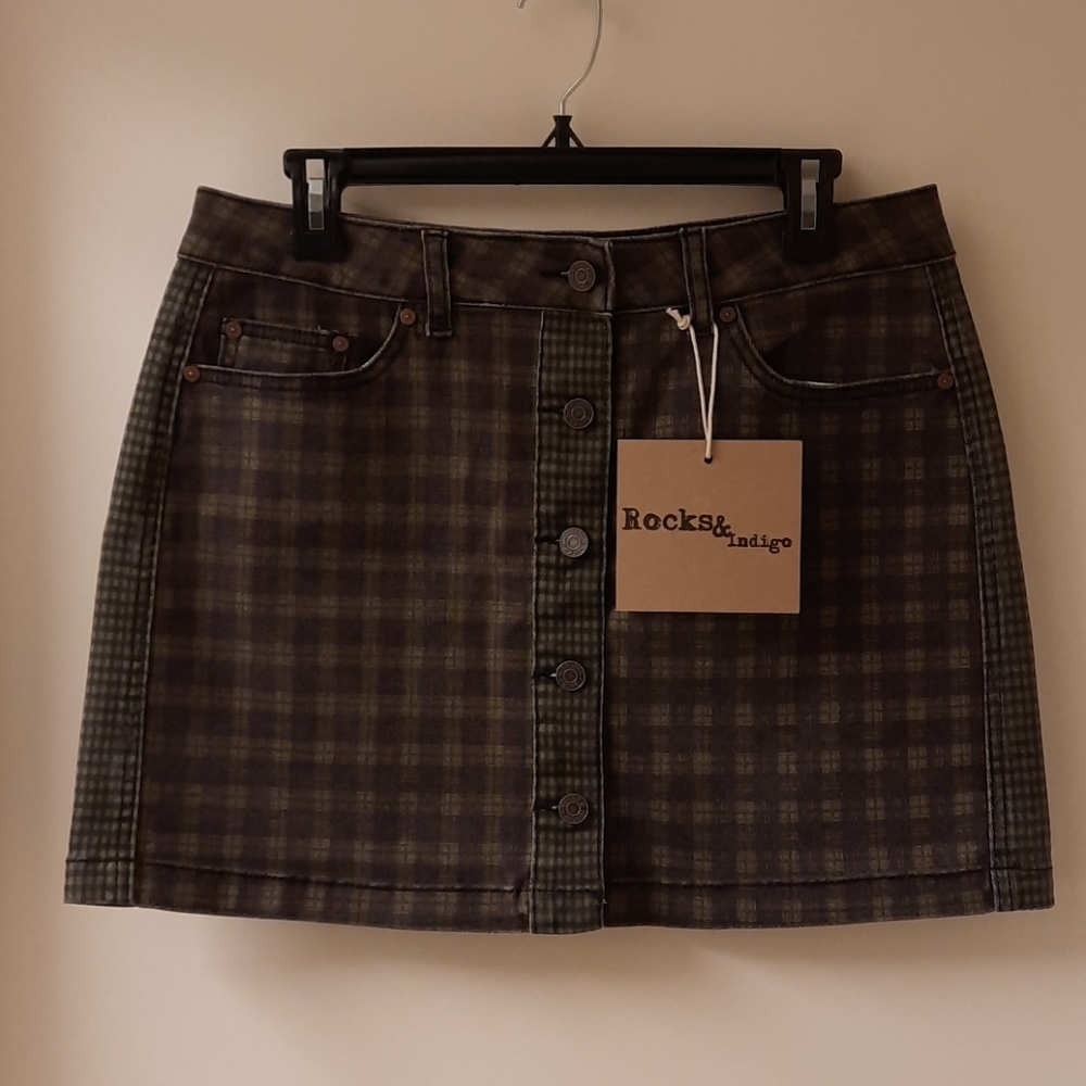 NWT, Rocks & Indigo Faded Plaid Denim Skirt